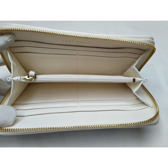 Tory Burch Gemini Ivory Gray Coated Canvas Link Stripe Zip Around Wallet - Picture 10 of 16